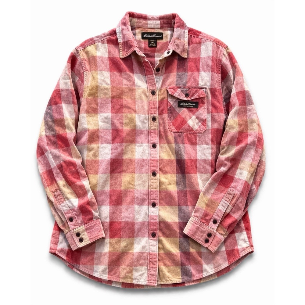 Eddie Bauer Plaid Flannel Shirt Womens XXL Red Yellow‎ Button Up
